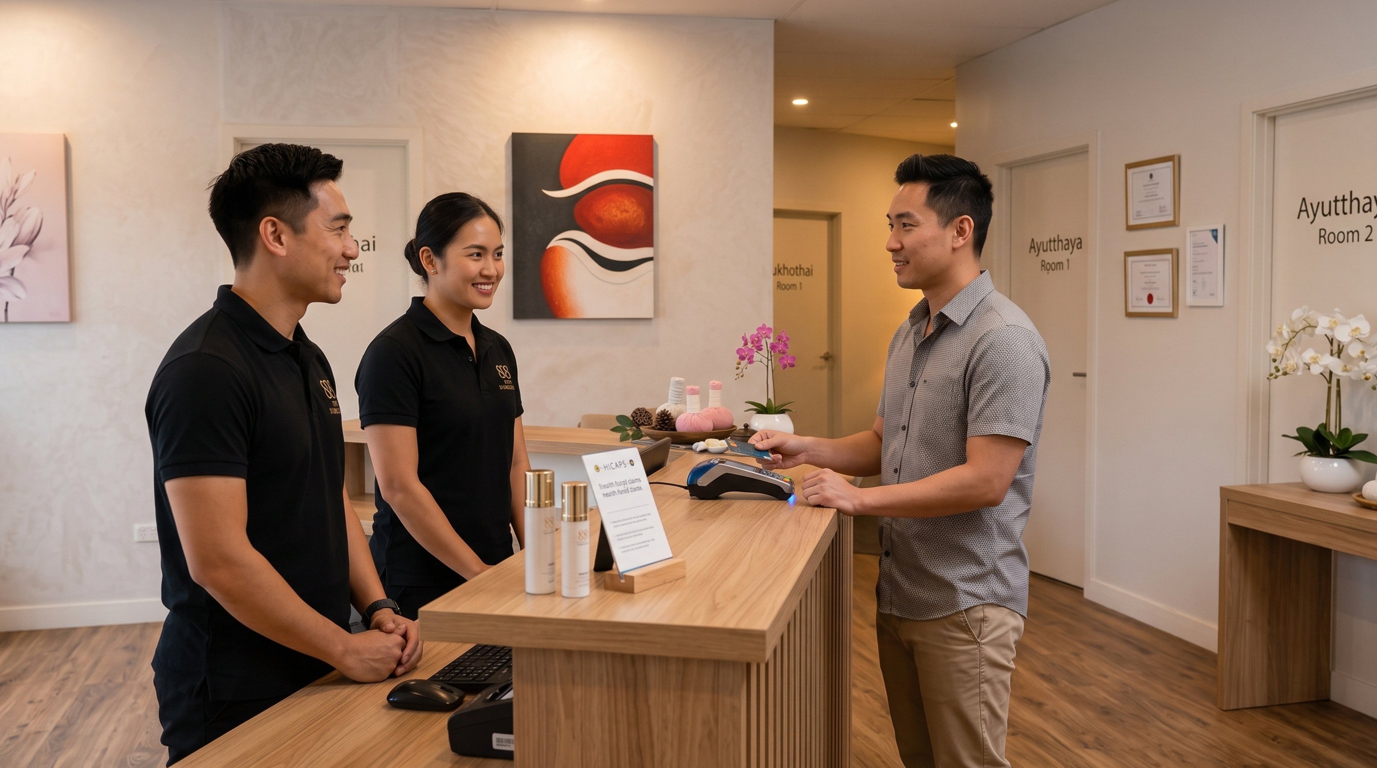 Friendly staff assisting a client with health fund claims